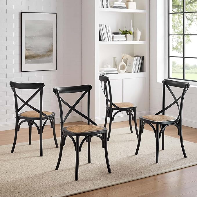 Modway Gear Rustic Modern Farmhouse Elm Wood Rattan Four Dining Chairs in Black - LeafyLoom