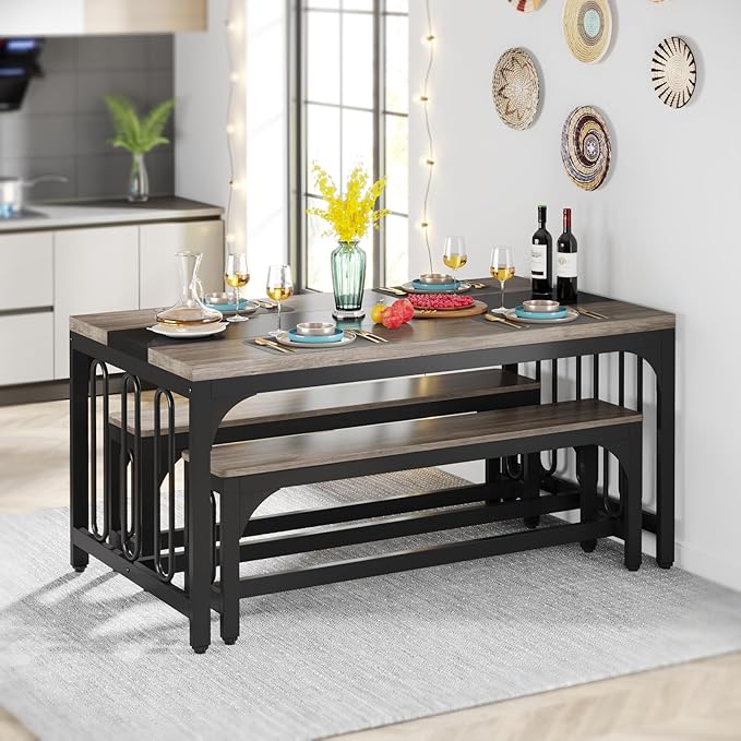 Tribesigns 55 Inch Dining Table Set for 4-6, 3-Piece Kitchen Table with 2 Benches, Space-Saving Dining Room Table Set for Home Kitchen, Restaurant, Grey - LeafyLoom