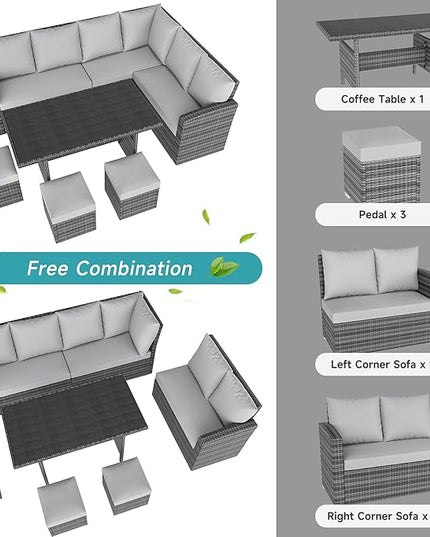 IDEALHOUSE 7 Pieces Outdoor Dining Set,Patio Sectional Sofa Conversation Set All Weather Wicker Rattan Couch Dining Table & Chair with Ottoman Grey - LeafyLoom