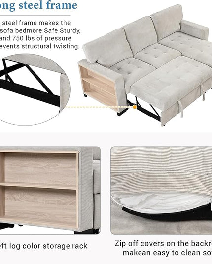 Convertible Sleeper Sectional Sofa Pull Out Bed with Right Hand Chaise Lounge, L-Shaped Velvet Upholstered Corner Couches, Pullout Sofabed with Storage and Drop Down Table & USB Charger - LeafyLoom