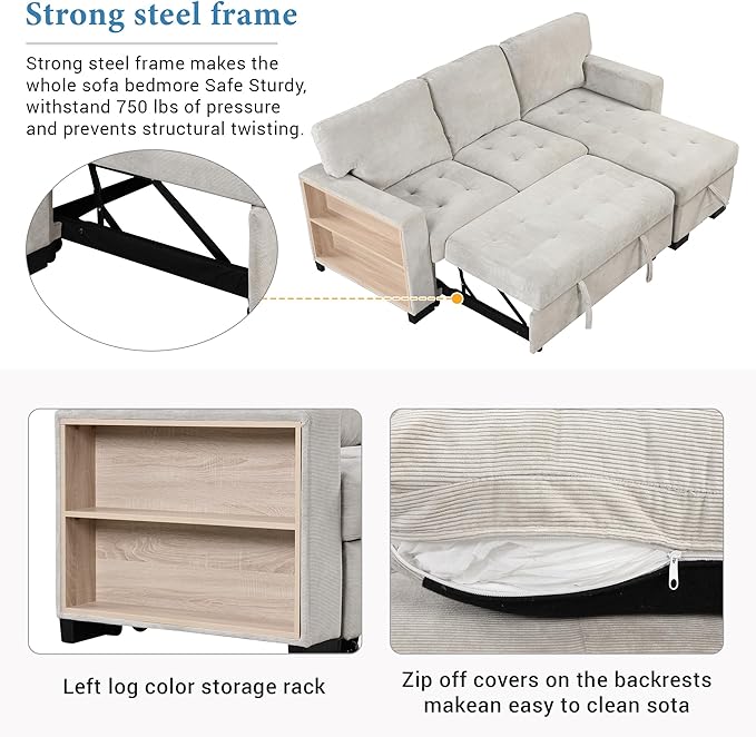 Convertible Sleeper Sectional Sofa Pull Out Bed with Right Hand Chaise Lounge, L-Shaped Velvet Upholstered Corner Couches, Pullout Sofabed with Storage and Drop Down Table & USB Charger - LeafyLoom