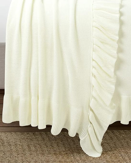 Lush Decor Reyna Soft Knitted Ruffle Throw Blanket, 104" W x 88" L, Ivory - Classic Ruffled Bedding - Knit Blanket - Cozy Oversized Blanket For Bed or Couch - Vintage, Minimalist & Cottage Home Decor - LeafyLoom