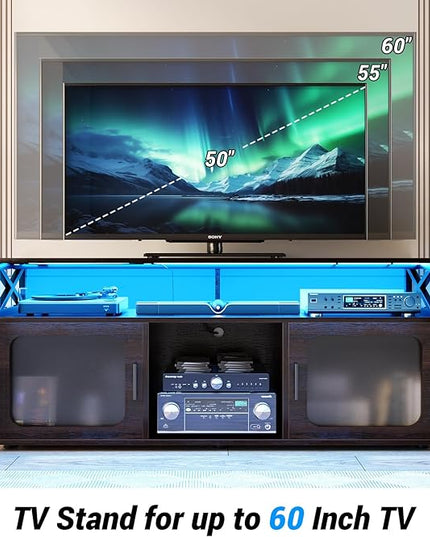 Aheaplus TV Stand for 55 60 Inch TV, Entertainment Center with LED Light and Charging Station, TV Console Table, Large Media Console Cabinet w/Soundbar Shelf, for Living Room, Bedroom, Espresso - LeafyLoom