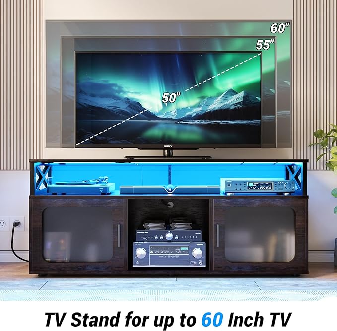 Aheaplus TV Stand for 55 60 Inch TV, Entertainment Center with LED Light and Charging Station, TV Console Table, Large Media Console Cabinet w/Soundbar Shelf, for Living Room, Bedroom, Espresso - LeafyLoom