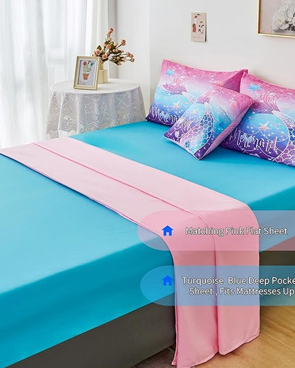 RYNGHIPY Mermaid Comforter Set 6Pcs, Kids Gilrs Bed in a Bag Full Size, Mermaid Tail Print Teens Girls Bedding Set, Rainbow Bedding Collections - LeafyLoom