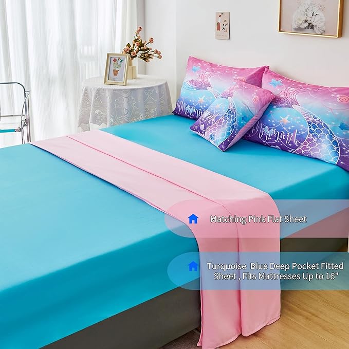 RYNGHIPY Mermaid Comforter Set 6Pcs, Kids Gilrs Bed in a Bag Full Size, Mermaid Tail Print Teens Girls Bedding Set, Rainbow Bedding Collections - LeafyLoom