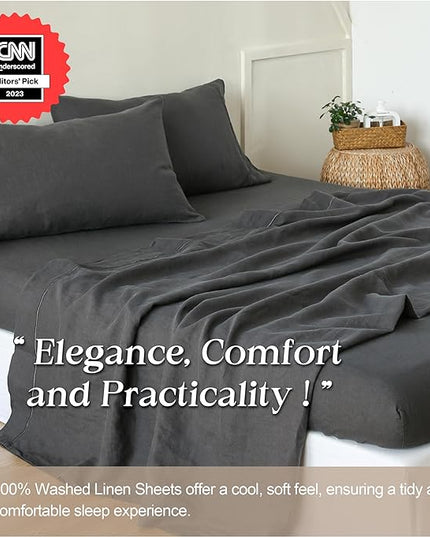 Simple&Opulence 100% Washed Linen Sheet Set-King Size-Natural France Flax Bed Sheet-4 Pcs Breathable,Ultra Soft,Farmhouse Bedding (1 Flat Sheet,1 Fitted Sheet,2 Pillowcases)-Embroidery Dark Grey - LeafyLoom