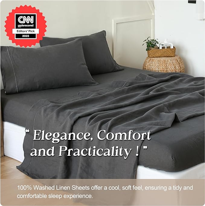 Simple&Opulence 100% Washed Linen Sheet Set-King Size-Natural France Flax Bed Sheet-4 Pcs Breathable,Ultra Soft,Farmhouse Bedding (1 Flat Sheet,1 Fitted Sheet,2 Pillowcases)-Embroidery Dark Grey - LeafyLoom