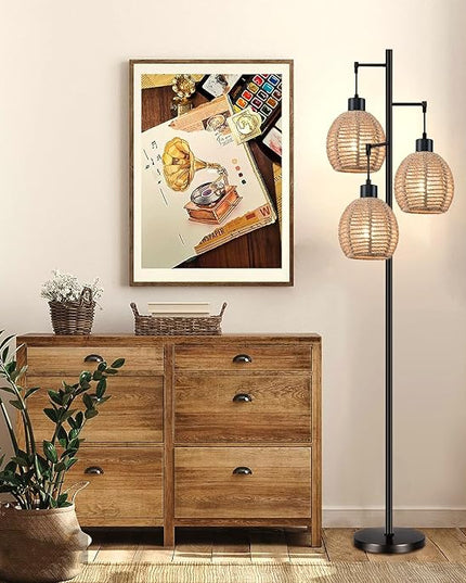 Rattan Floor Lamp for Living Room,Bedroom,Tree 3 Lights Boho Floor Lights Industrial Black Farmhouse Wicker Standing Lamp Rustic Tall Lamp,Woven Bamboo Lamp Shade Floor Lamps Bohemian - LeafyLoom