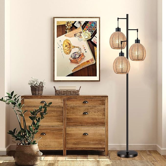 Rattan Floor Lamp for Living Room,Bedroom,Tree 3 Lights Boho Floor Lights Industrial Black Farmhouse Wicker Standing Lamp Rustic Tall Lamp,Woven Bamboo Lamp Shade Floor Lamps Bohemian - LeafyLoom