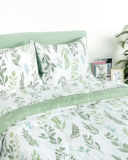 DILIMI Full Size Comforter Set for Girls, 5 Pieces Reversible Comforter Full Size, Ultra Soft Green Leaf Full Size Bed Comforter Sets with Sheet, Comforter, Flat Sheet, 2 Pillowcase - LeafyLoom
