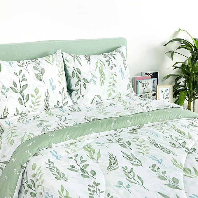 DILIMI Full Size Comforter Set for Girls, 5 Pieces Reversible Comforter Full Size, Ultra Soft Green Leaf Full Size Bed Comforter Sets with Sheet, Comforter, Flat Sheet, 2 Pillowcase - LeafyLoom