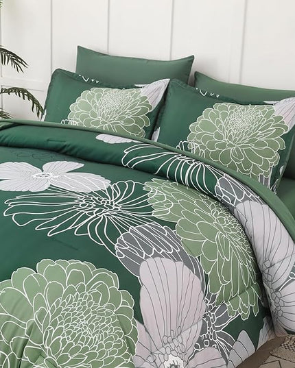 Yiran 7 Pieces Queen Floral Comforter Set,Emerald Green Bed in a Bag Flowers Comforter,Soft Microfiber Bedding Set with Comforter, Sheets, Pillowcases & Shams 90"×90" - LeafyLoom