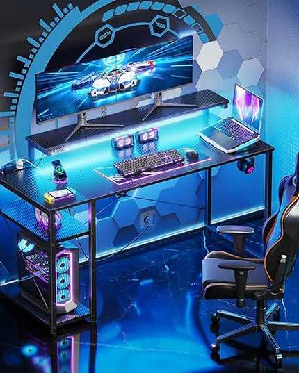 MOTPK Gaming Desk with Led Lights & Power Outlet, 47 Inch Gaming Computer Desk with Shelves, Reversible Gamer Desk Table with Adjustable Monitor Stand & Headphone Hook, Carbon Fiber Texture, Black - LeafyLoom