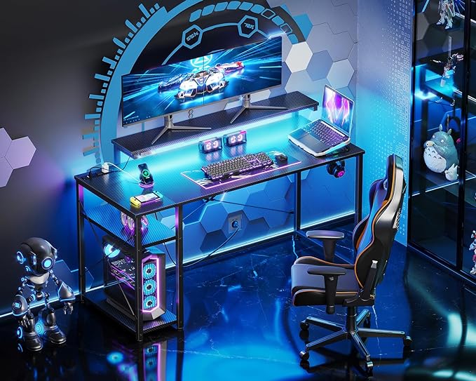 MOTPK Gaming Desk with Led Lights & Power Outlet, 47 Inch Gaming Computer Desk with Shelves, Reversible Gamer Desk Table with Adjustable Monitor Stand & Headphone Hook, Carbon Fiber Texture, Black - LeafyLoom