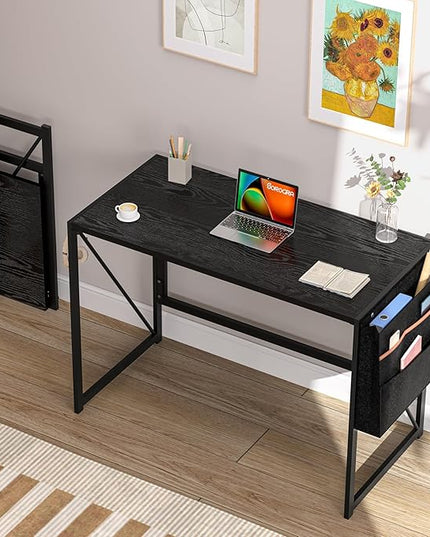 Folding Desk, Small Foldable Desk 39.4 Inch for Small Space, Computer Table Home Office Writing Desk with Storage Bag Headphone Hook, Easy Assembly, Black - LeafyLoom