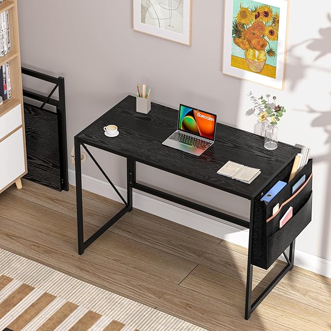 Folding Desk, Small Foldable Desk 39.4 Inch for Small Space, Computer Table Home Office Writing Desk with Storage Bag Headphone Hook, Easy Assembly, Black - LeafyLoom