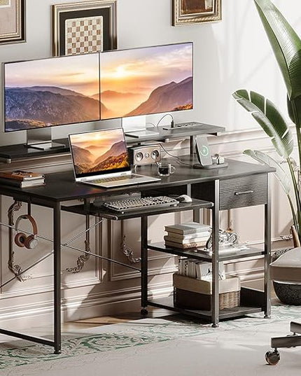 AODK Computer Desk with Keyboard Tray, 48 Inch Gaming Desk with Power Outlet, Office Desk with Drawer, Reversible Desk with Adjustable Monitor Shelf and Storage Shelf for Home, Black - LeafyLoom