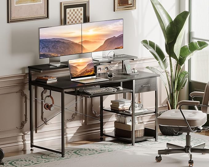 AODK Computer Desk with Keyboard Tray, 48 Inch Gaming Desk with Power Outlet, Office Desk with Drawer, Reversible Desk with Adjustable Monitor Shelf and Storage Shelf for Home, Black - LeafyLoom