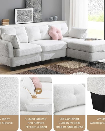 92" Modern Teddy Velvet Sectional Sofa with Charging Ports on Each Side,L-Shaped Couch with Removable Storage Ottoman,for Living Room,Apartment,Bedroom,Offices,Beige - LeafyLoom
