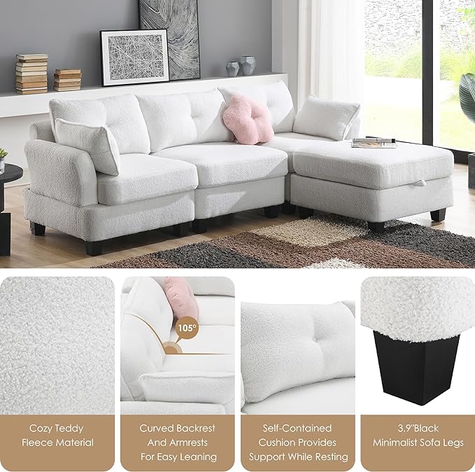 92" Modern Teddy Velvet Sectional Sofa with Charging Ports on Each Side,L-Shaped Couch with Removable Storage Ottoman,for Living Room,Apartment,Bedroom,Offices,Beige - LeafyLoom