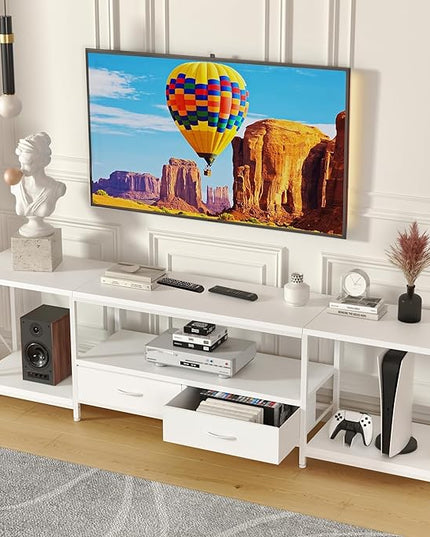 TV Stand with Fabric Drawer for 65 70 75 Inches TV - Entertainment Center and Industrial TV Console Table with Open Storage Shelves for Living Room, Bedroom - 63" White - LeafyLoom