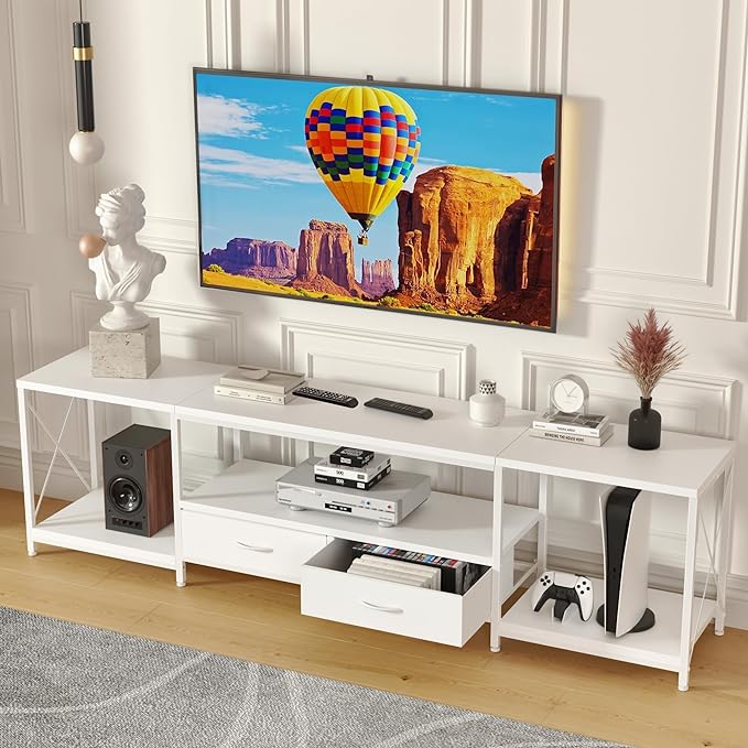 TV Stand with Fabric Drawer for 65 70 75 Inches TV - Entertainment Center and Industrial TV Console Table with Open Storage Shelves for Living Room, Bedroom - 63" White - LeafyLoom