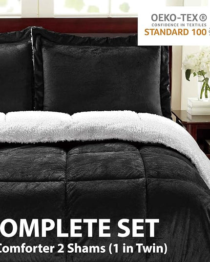Cathay Home Full Comforter Set: Ultra Soft and Plush Reversible Micromink and Sherpa 3-Piece Bedding Set, Black, Full (76" x 86") - LeafyLoom