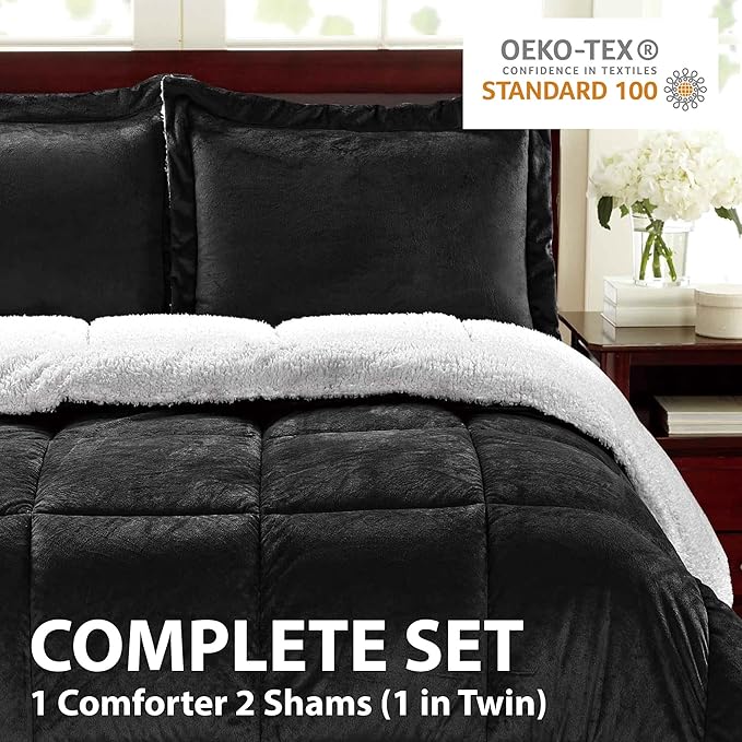 Cathay Home Full Comforter Set: Ultra Soft and Plush Reversible Micromink and Sherpa 3-Piece Bedding Set, Black, Full (76" x 86") - LeafyLoom