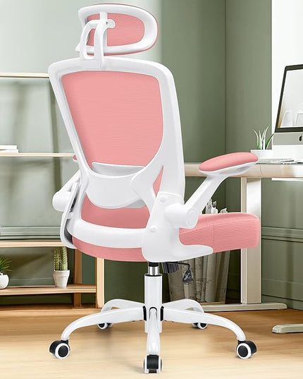 KERDOM Ergonomic Office Chair, Lumbar Support Computer Chair with Headrest and Flip-up Arms, Breathable Mesh Desk Chair, Swivel Task Chair, Adjustable Height Gaming Chair, Pink - LeafyLoom