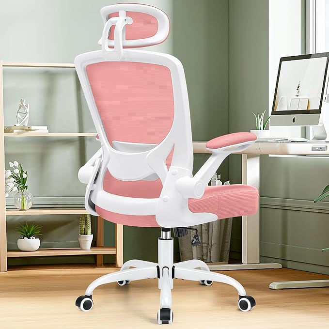 KERDOM Ergonomic Office Chair, Lumbar Support Computer Chair with Headrest and Flip-up Arms, Breathable Mesh Desk Chair, Swivel Task Chair, Adjustable Height Gaming Chair, Pink - LeafyLoom