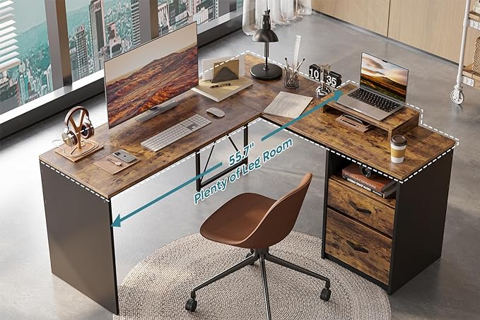 Bestier L Shaped Desk with Drawers, 55 inch Office L Desk with Reversible File Drawer, Industrial Wood Computer Desk with Monitor Stand (Rustic Brown) - LeafyLoom