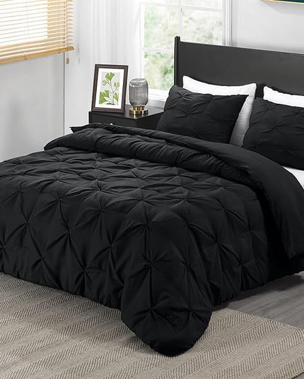 downluxe Pintuck Queen Comforter Set with 2 Pillow Shams - 3-Piece - Black Queen Bed Comforter Set for All Seasons, Pinch Pleat Microfiber Down Alternative Bedding Comforter Sets - LeafyLoom