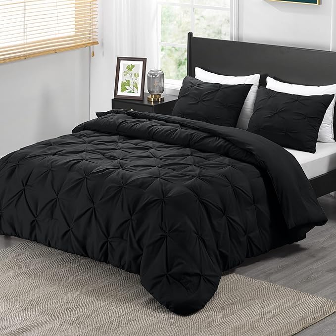 downluxe Pintuck Queen Comforter Set with 2 Pillow Shams - 3-Piece - Black Queen Bed Comforter Set for All Seasons, Pinch Pleat Microfiber Down Alternative Bedding Comforter Sets - LeafyLoom