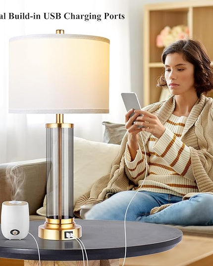QiMH Touch Control Table Lamp Set of 2 with USB A+C Ports, 3-Way Dimmable Nightstand Lamp with Fabric Cream Shade, Modern Bedside Lamp for Living Room Bedroom Reading, LED Bulbs Included - LeafyLoom