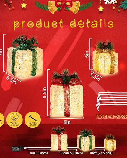 [Large 10"x8.5"x6.5" Christmas Set of 3 Lighted Clear Acrylic Gift Boxes Decorations Pre-lit 70 Super-Bright LED with Flashers,for Indoor Outdoor Pathway Holiday Party Home(Warm White) GLOWNOVA