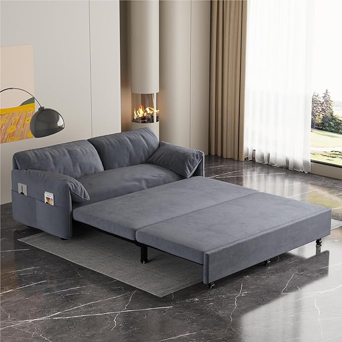 Oversized 3 in 1 Loveseat Sleeper Sofa Bed,Queen Size Love Seats W/Pull Out Couch and Padded Armrests Convertible Spacious Sofabed with Side Storage Pocket for Home Office Apartment Living Room - LeafyLoom