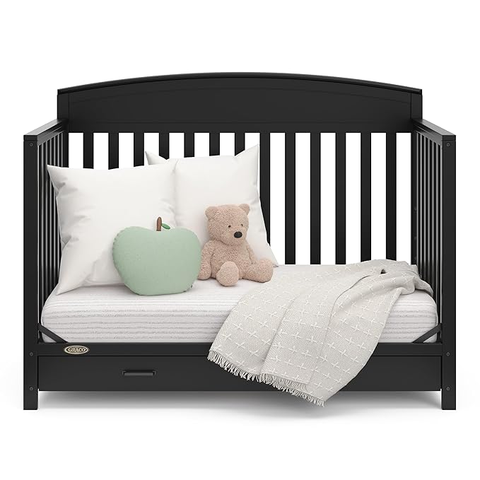 Graco Benton 5-in-1 Convertible Crib with Drawer (Black) - Converts from Baby Crib to Toddler Bed, Daybed and Full-Size Bed, Fits Standard Full-Size Crib Mattress, Adjustable Mattress Support Base - LeafyLoom