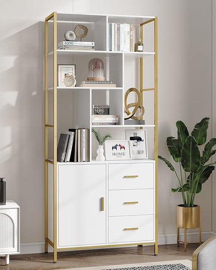 71.2 Inch Tall Bookshelf, Bookcase with door and 3 Drawers, Floor Standing Display Storage Shelves for Home Office, Living Room - LeafyLoom