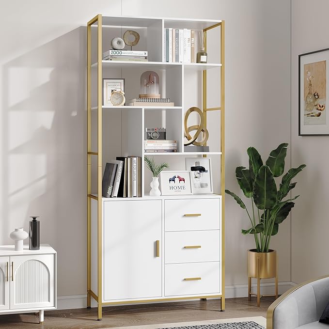 71.2 Inch Tall Bookshelf, Bookcase with door and 3 Drawers, Floor Standing Display Storage Shelves for Home Office, Living Room - LeafyLoom