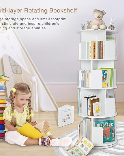 Rotating Bookshelf,Wood Corner Bookshelf 4 Tier 360 Display Spinning Bookshelf Floor Standing Bookcase Stackable Bookshelf Storage Rack Organizer for Small Space Bedroom Living Room Study Room - LeafyLoom