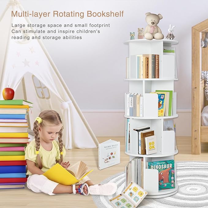 Rotating Bookshelf,Wood Corner Bookshelf 4 Tier 360 Display Spinning Bookshelf Floor Standing Bookcase Stackable Bookshelf Storage Rack Organizer for Small Space Bedroom Living Room Study Room - LeafyLoom