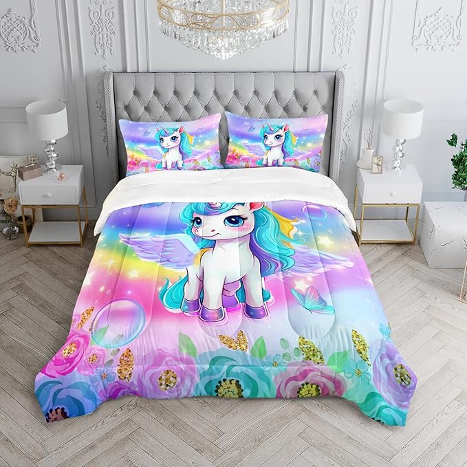 Kid Unicorn Comforter Set Full Size 3Pcs Butterfly Rainbow Flower Star Pattern Quilt Bedding Set for Boys Girls with 1 Comforter and 2 Pillowcases - LeafyLoom