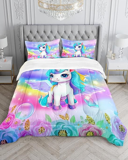 Kid Unicorn Comforter Set Twin/Full/Queen Size 3Pcs Butterfly Rainbow Flower Star Pattern Quilt Bedding Set for Boys Girls with 1 Comforter and 2 Pillowcases - LeafyLoom