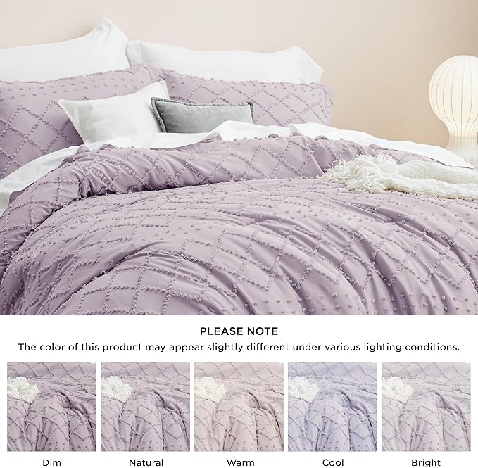 Bedsure Queen Comforter Set - Lavender Comforter, Boho Tufted Shabby Chic Bedding Comforter Set, 3 Pieces Vintage Farmhouse Bed Set for All Seasons, Fluffy Soft Bedding Set with 2 Pillow Shams - LeafyLoom