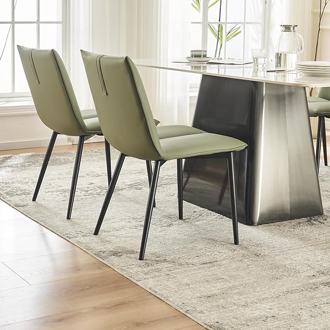 YOUTASTE Dining Chairs Set of 2 Mid Century Modern Upholstered Leather Kitchen Chairs Soft Padded Side Chairs Dinner Chairs with Metal Legs for Living Room Bedroom, Olive Green - LeafyLoom