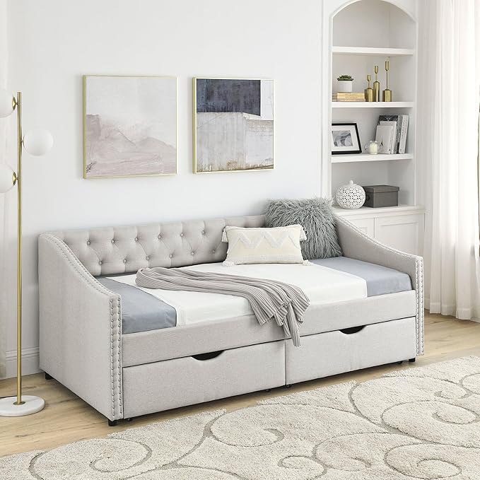 Twin Size Upholstered Daybed with Two Storage Trundle Drawers, Solid Wooden Bed Frame w/Button Tufted Backrest, No Box Spring Needed, for Kids, Bedroom, Dorm, Beige-3 - LeafyLoom