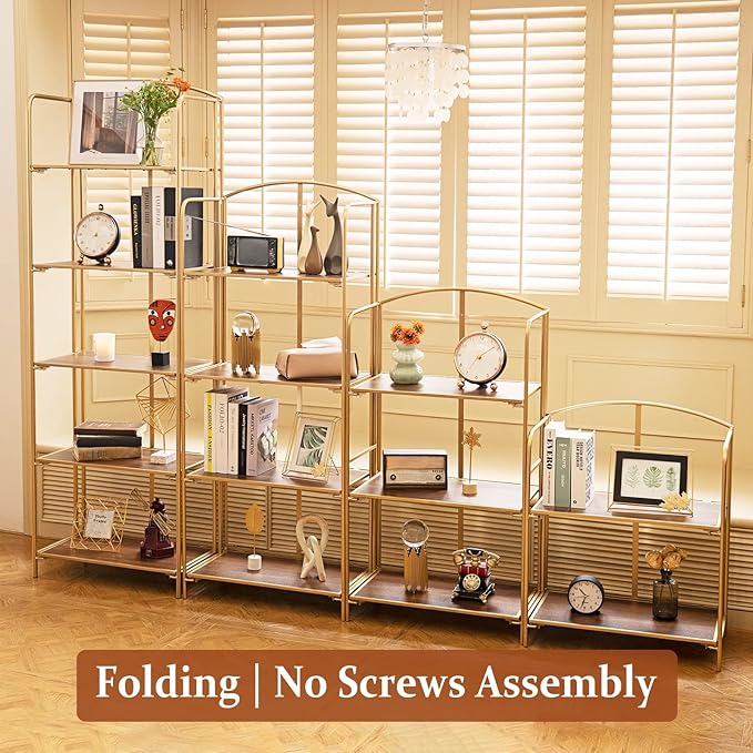 No Assembly Folding Bookshelf for Living Room, 2 Tier Gold Collapsible Book Shelf for Home Office, Portable Bookcase Storage Organizer - LeafyLoom