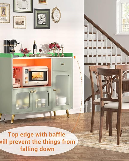 Cyclysio Sideboard Buffet Cabinet with Power Outlet, Kitchen Cabinet with LED Lights, Large Bar Cart Accent Buffet Cabinet with Door for Bedroom, Living Room, Kitchen, Hallway, Cyan - LeafyLoom