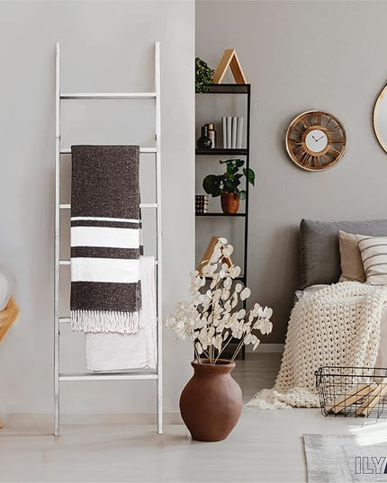 Ilyapa Blanket Ladder for The Living-Room - Rustic Decorative Quilt Ladder with Folding Construction for Easy Storage, White Weathered Wood - LeafyLoom